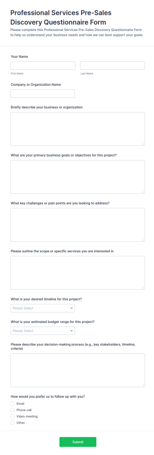 Professional Services Pre Sales Discovery Questionnaire Form Template