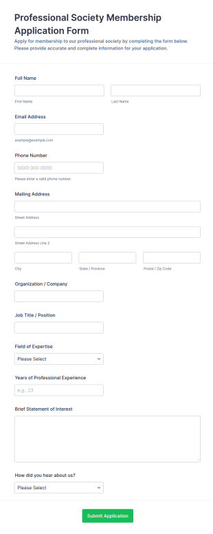 Professional Society Membership Application Form Template