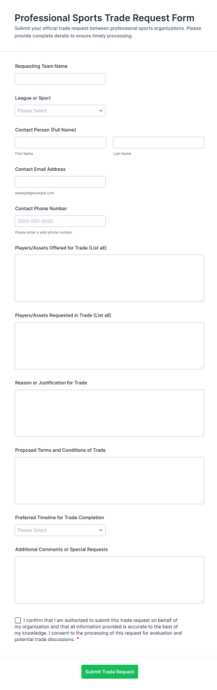 Professional Sports Trade Request Form Template