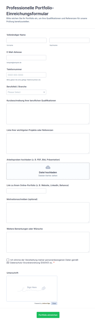 Professionelle Portfolio Einreichungsformular