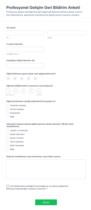 Profesyonel Gelişim Geri Bildirim Anketi Form Template