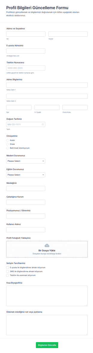Profil Bilgisi Güncelleme Form Şablonu