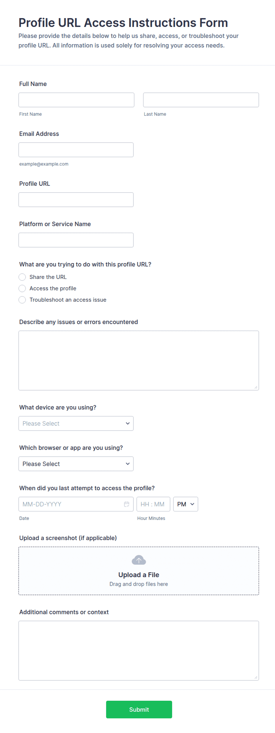 Profile URL Access Instructions Form Template | Jotform