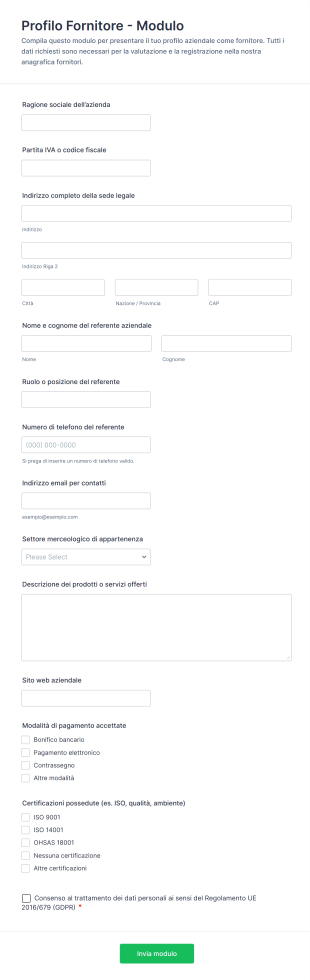 Profilo Fornitore Modulo