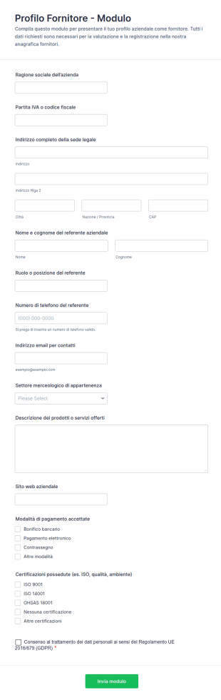 Profilo Fornitore Modulo