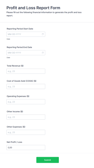 Profit And Loss Report Form Template