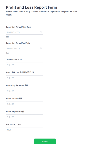 Profit And Loss Report Form Template