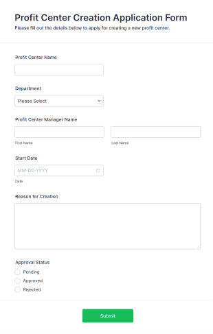 Profit Center Creation Application Form Template