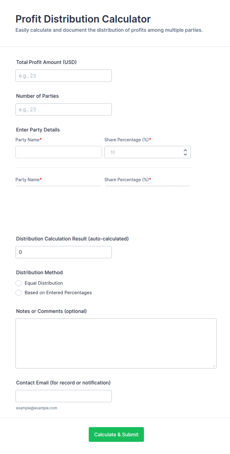 Distributable New Income Example Calculation Profit Distribution Calculator Form Template | Jotform