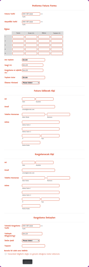 Proforma Fatura Form Şablonu