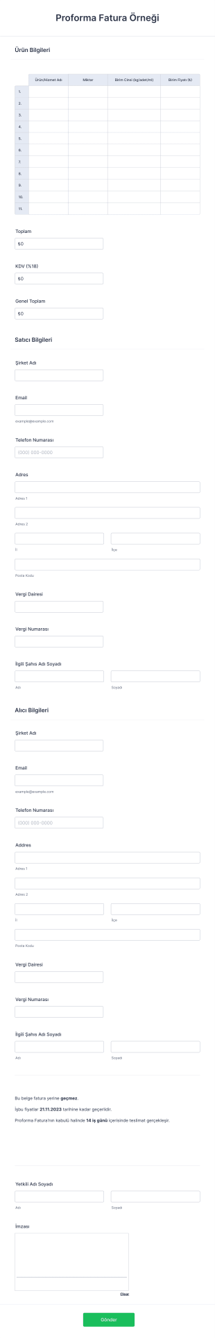 Proforma Fatura Örneği Form Template