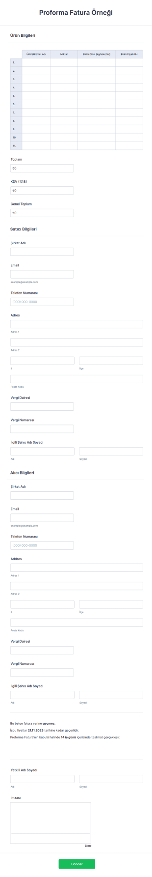 Proforma Fatura Örneği Form Şablonu