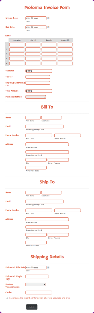 Proforma Invoice Form Template