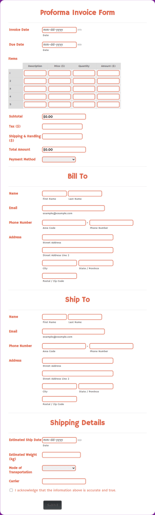 Proforma Invoice Form Template