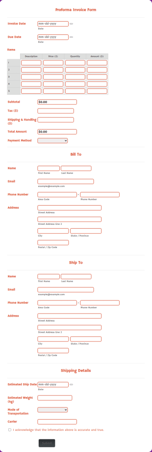 Proforma Invoice Form Template