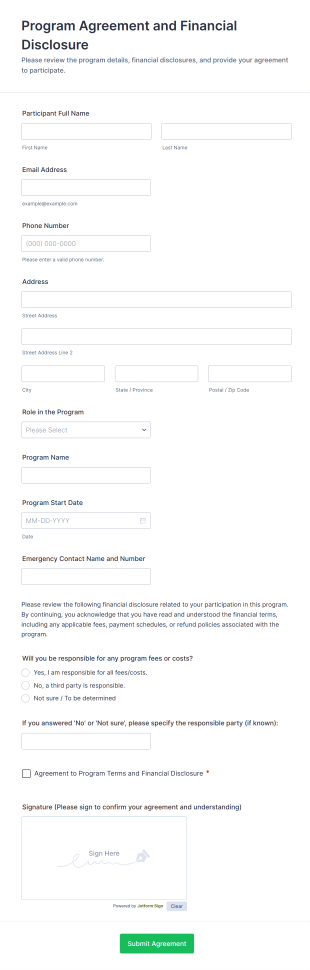 Program Agreement And Financial Disclosure Form Template