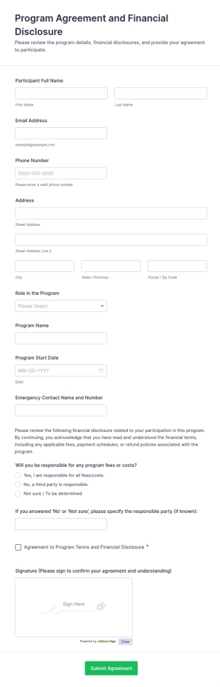 Program Agreement And Financial Disclosure Form Template