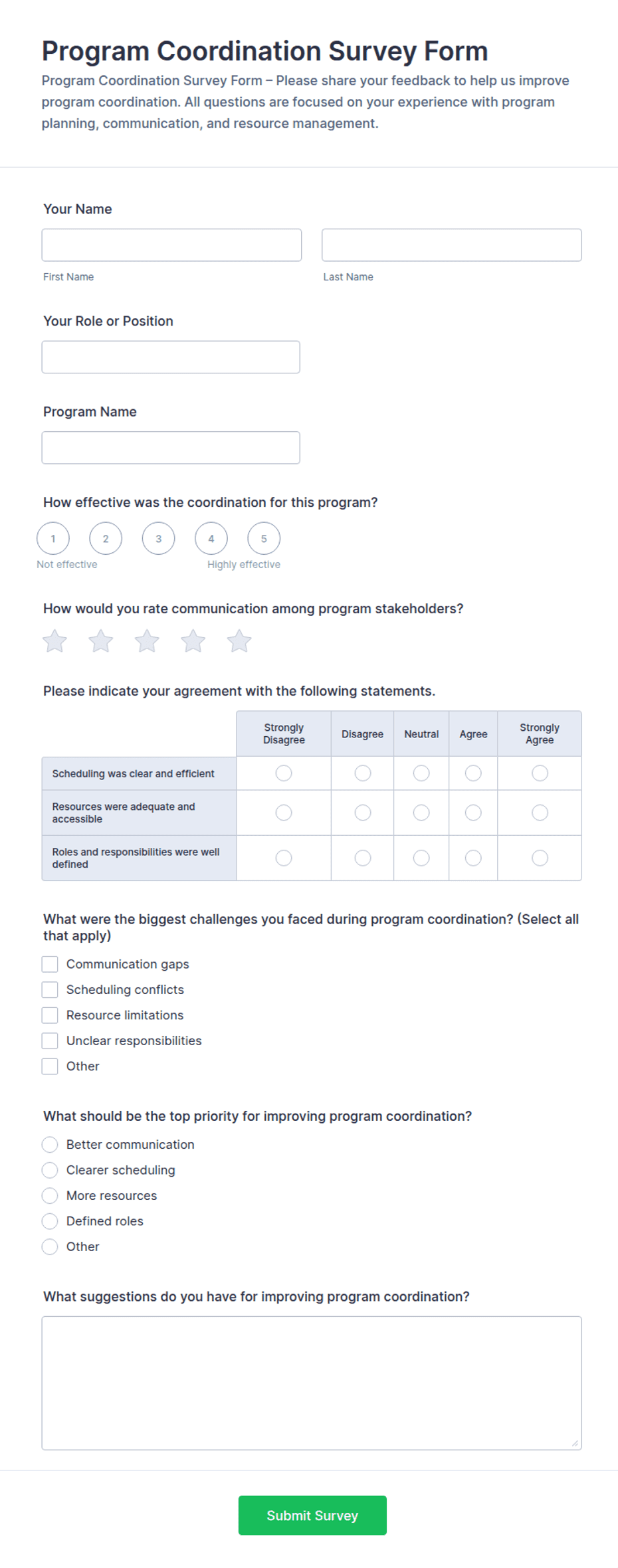 Program Coordination Survey Form Template | Jotform