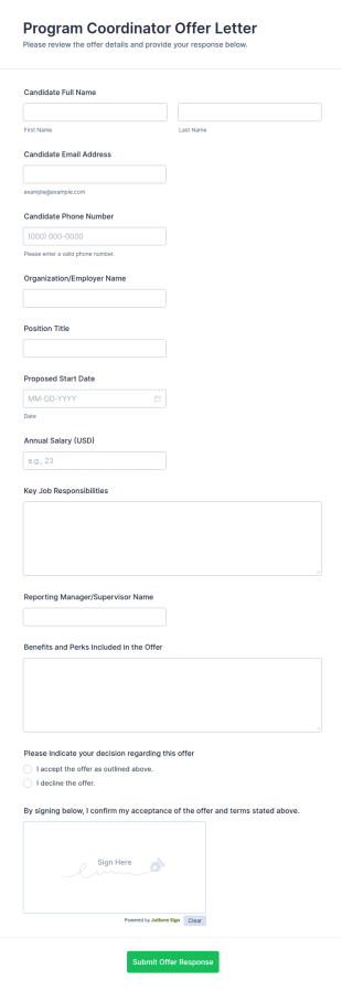 Program Coordinator Offer Letter Form Template