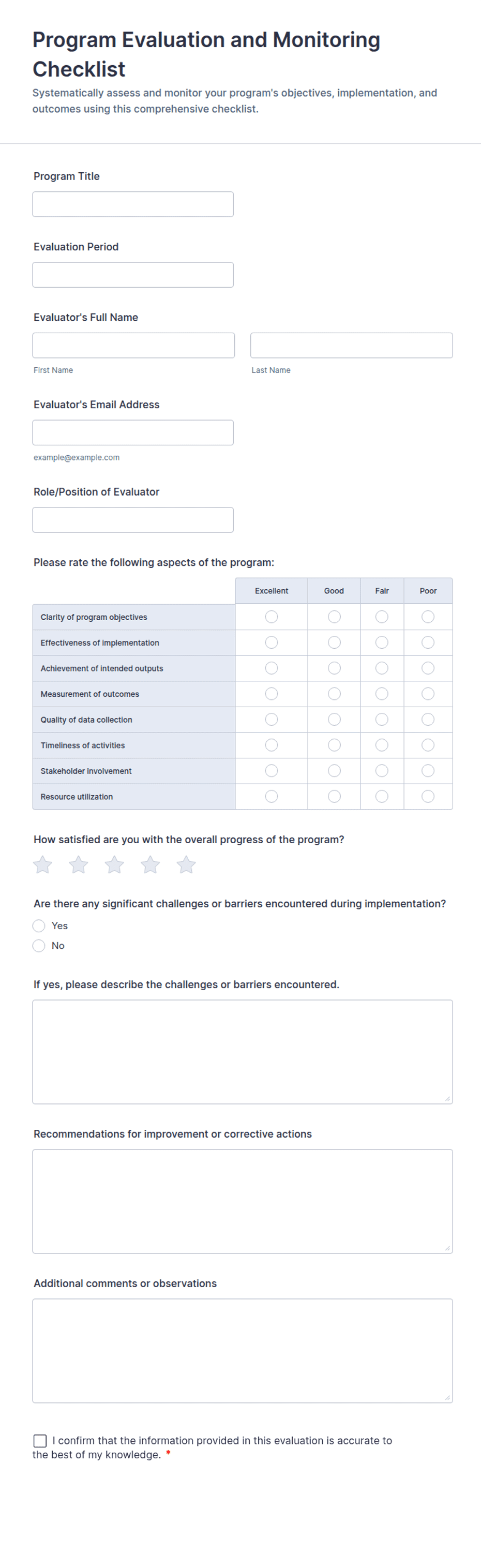 Program Principles Checklist Template Program Evaluation and Monitoring Checklist Form Template | Jotform
