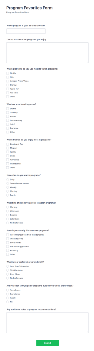 Program Favorites Form Template