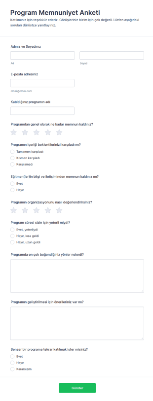 Program Memnuniyet Anketi Form Şablonu
