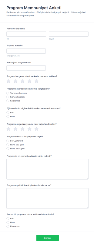 Program Memnuniyet Anketi Form Şablonu