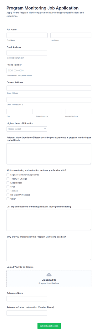 Program Monitoring Job Application Form Template