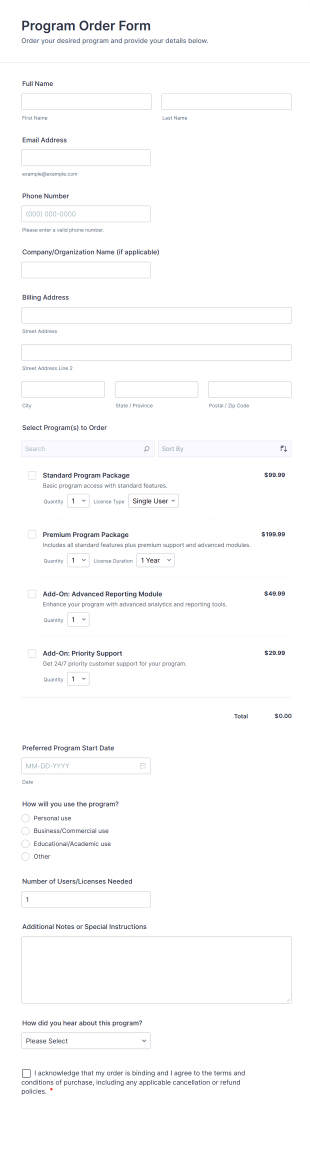 Program Order Form Template