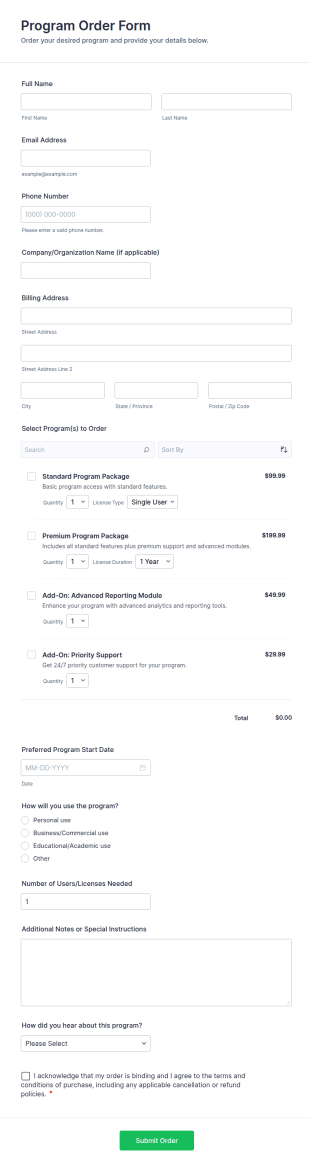 Program Order Form Template