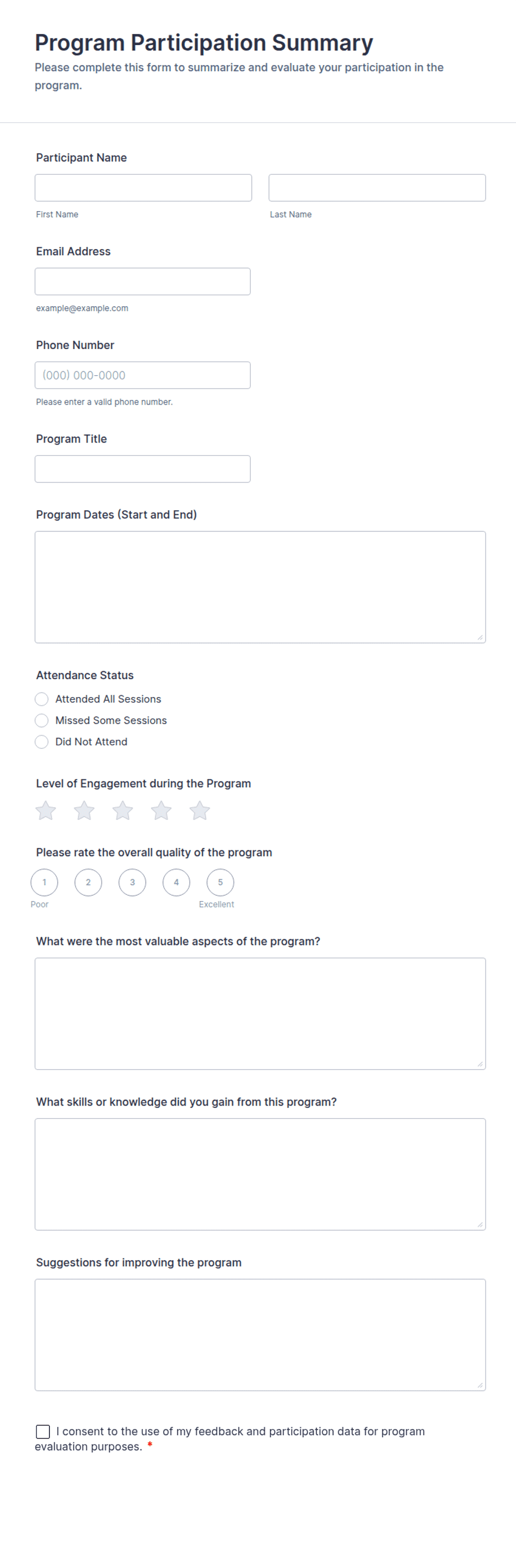 Program Participant Profile Form Program Participation Summary Form Template | Jotform
