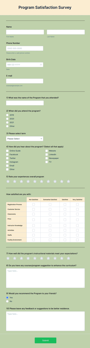 Program Satisfaction Survey Form Template
