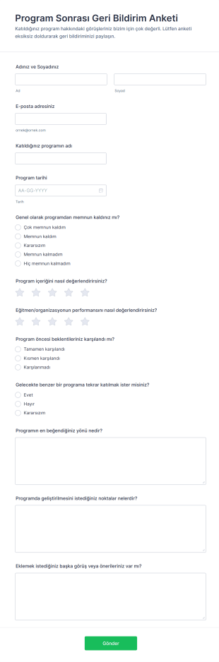 Program Sonrası Geri Bildirim Anketi Form Şablonu