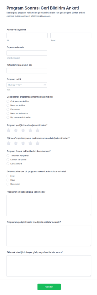 Program Sonrası Geri Bildirim Anketi Form Şablonu