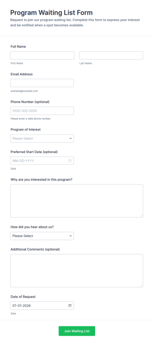Program Waiting List Form Template