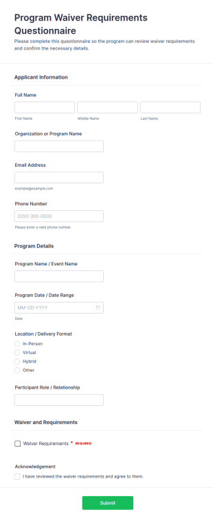 Program Waiver Requirements Questionnaire Form Template
