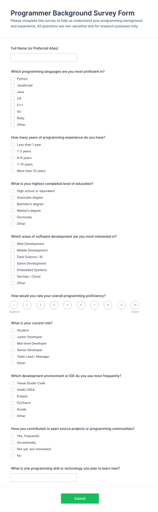 Programmer Background Survey Form Template