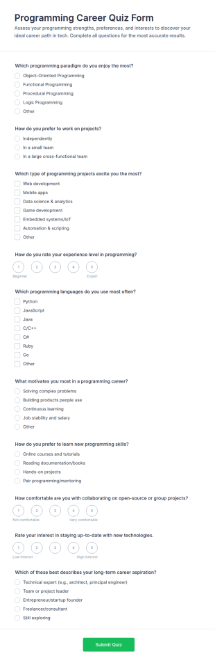 Programming Career Quiz Form Template