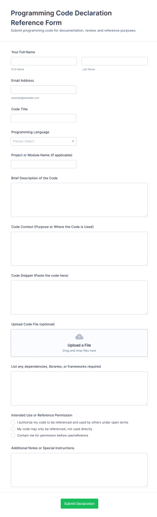 Programming Code Declaration Reference Form Template