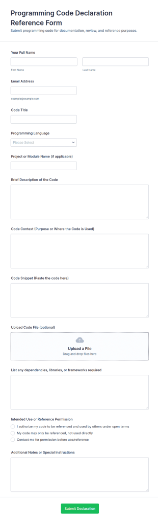 Programming Code Declaration Reference Form Template