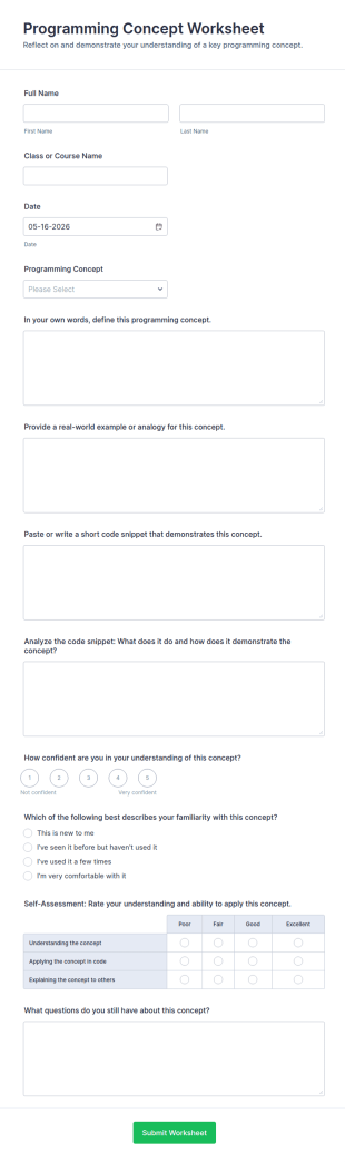 Programming Concept Worksheet Form Template