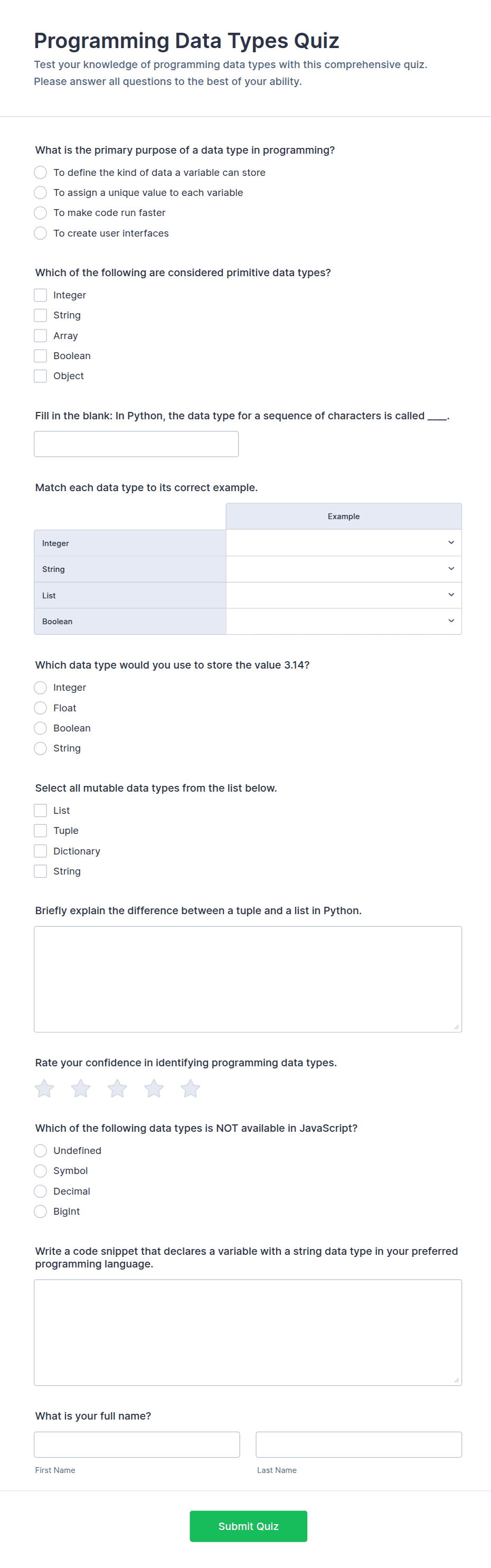 Programming Data Types Quiz Form Template | Jotform