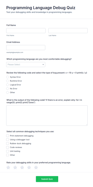 Programming Language Debug Quiz Form Template