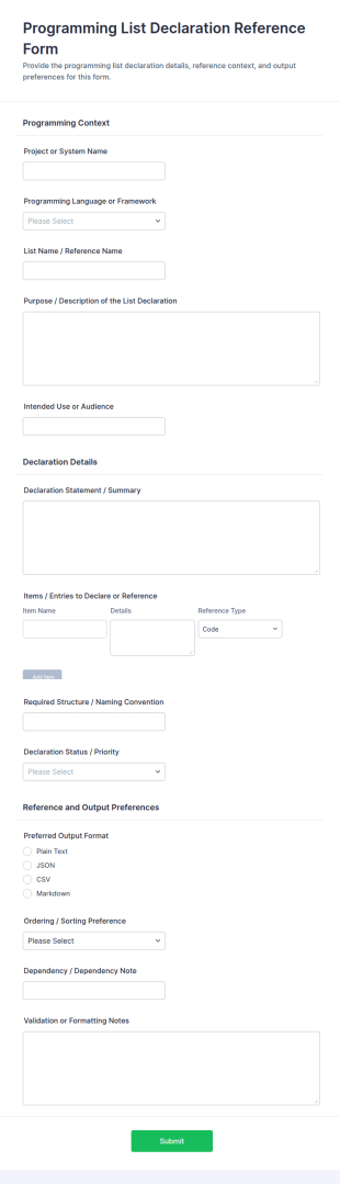 Programming List Declaration Reference Form Template