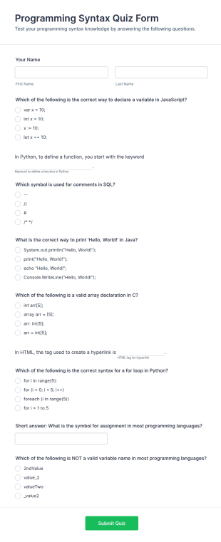 Programming Syntax Quiz Form Template