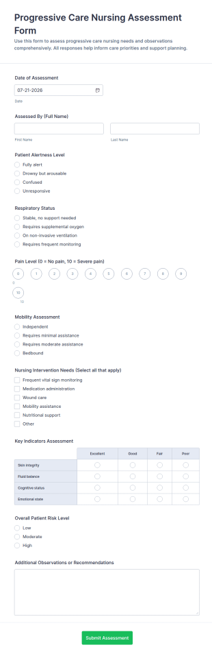 Progressive Care Nursing Assessment Form Template