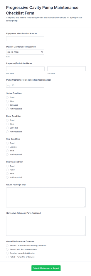 Progressive Cavity Pump Maintenance Checklist Form Template