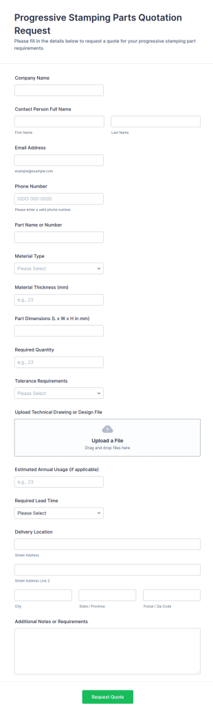 Progressive Stamping Parts Quotation Request Form Template