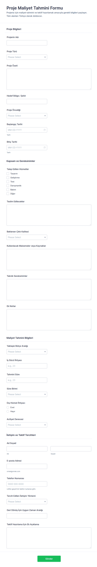 Proje Maliyet Tahmin Form Şablonu
