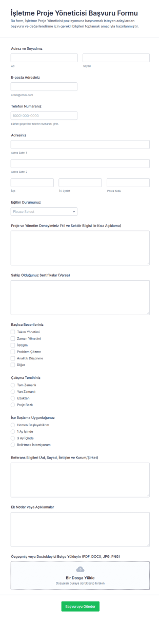 Proje Yöneticisi Başvuru Form Şablonu